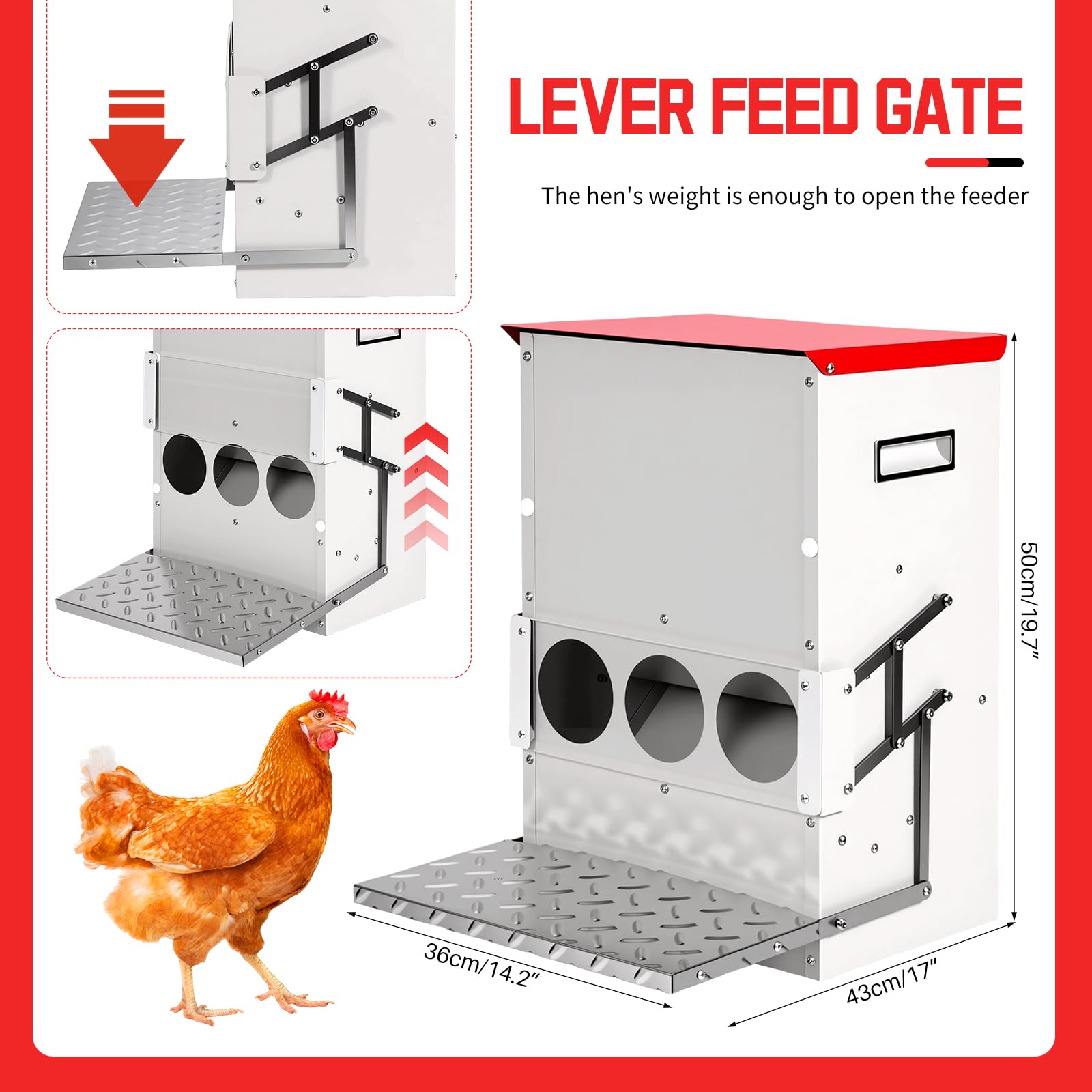 Comedero Automático para Pollos con Pedal De Metal, 15kg Alimentador para Varias Gallinas y Patos, Fácil De Usar y Limpiar
