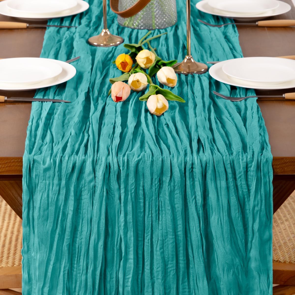 Teal Cheesecloth Table Runner 12 Pack Boho Gauze Easter Spring Table Runner 22×120 inch 10FT Table Decor for Wedding Baby Bridal Shower Birthday Party Ceremony