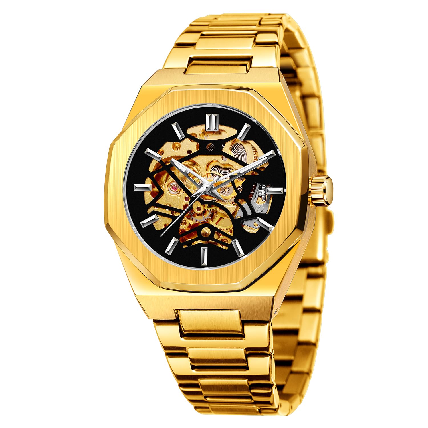 Orologio scheletrato meccanico da uomo, design a carica automatica a cuore aperto, cinturino in acciaio inox, orologio scheletro di alta qualità da indossare, Oro nero, Classico