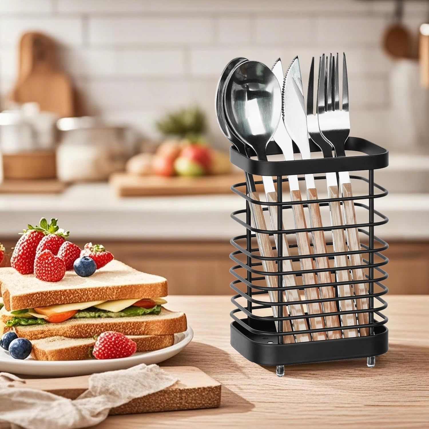 Utensil Holder, Stainless Steel Utensil Drying Rack for Kitchen Counter, Silverware Cutlery Flatware Holder Forks, Knives, Spoons, Chopsticks Organizer (Black)