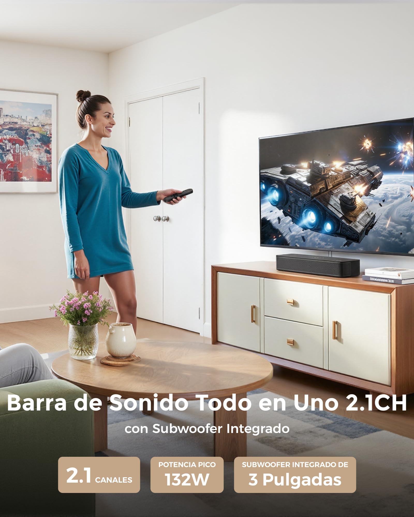 ULTIMEA Barra de Sonido 2.1ch para TV, subwoofer Integrado,132W, Control por App, Barras de Sonido Bluetooth 5.4 VoiceMX,Graves Ajustables,soundbar Todo en uno PC, óptico/AUX, Poseidon M20 Pro