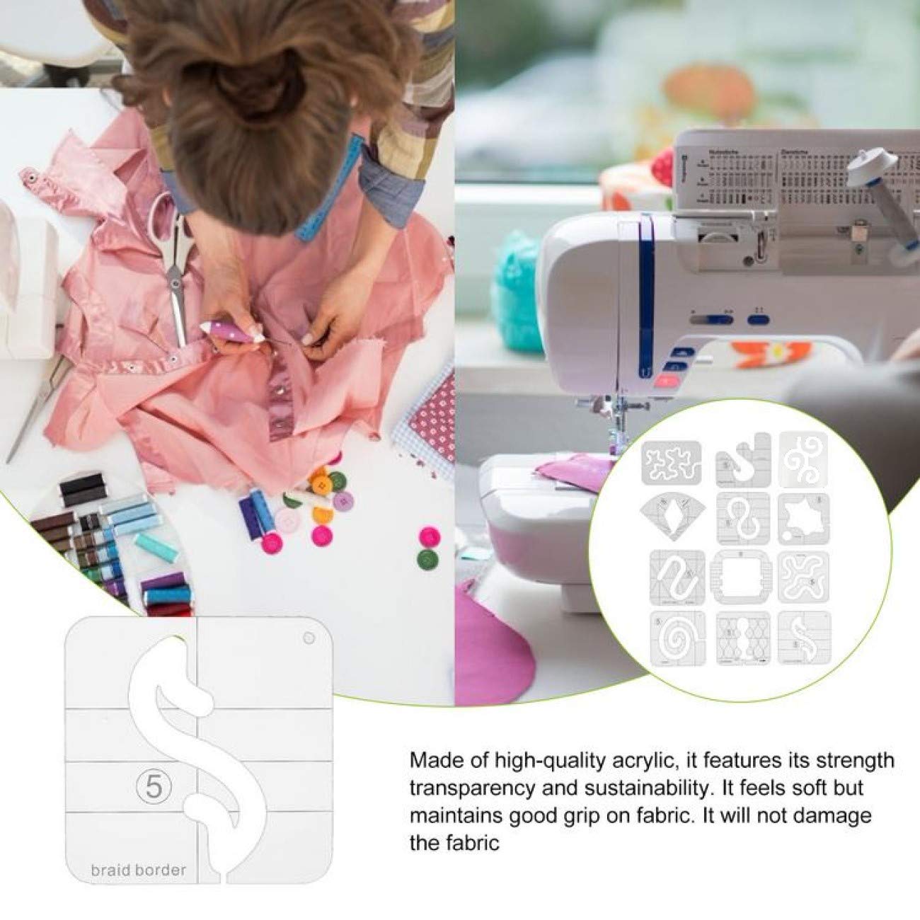 Free Motion Quilting Template Rulers 14 Set Quilting Ruler 3mm with Quilting Frame for Domestic Sewing Machine with Low Shank Ruler add 48pcs Non-Slip Grips 14