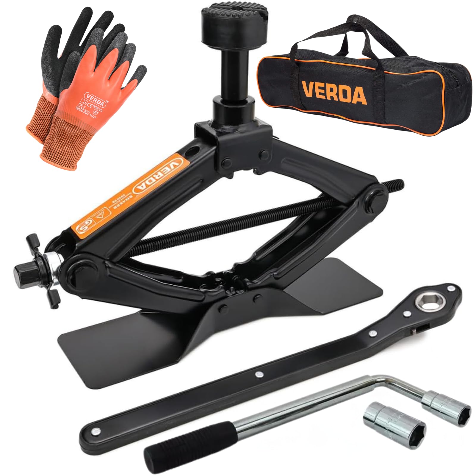 Verda Cric da 2000 kg, 104-425 mm, chiave per dadi + chiave a cricchetto + custodia, cric per auto, piastra in acciaio ingrandita, cric portatile per auto SUV MPV (SN4570)