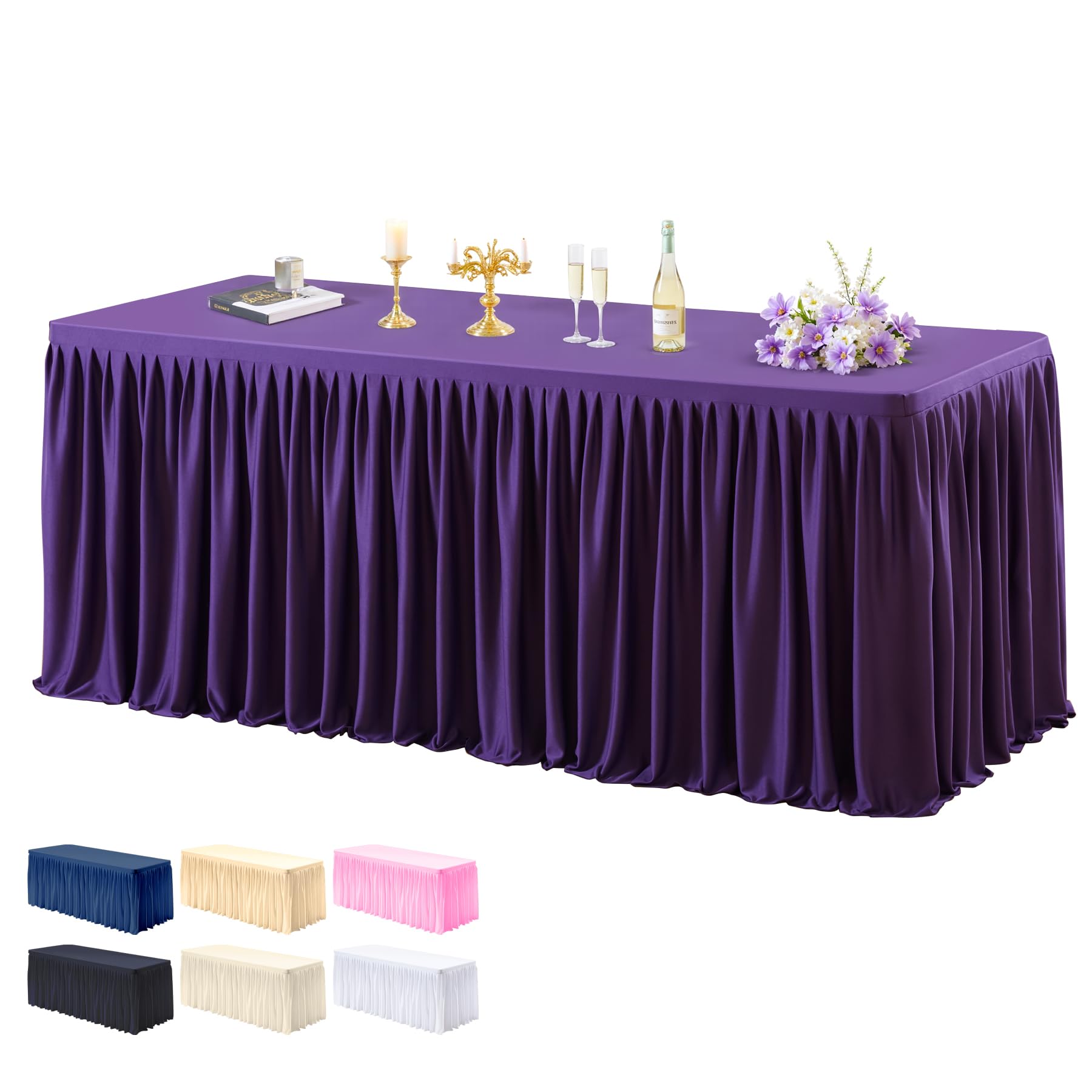 Photo 1 of 1 Pack Purple Tablecloths for Rectangle Tables 6ft, Wrinkle Resistant Spandex Table Cover Fitted Stretch Table Cloth with Pleated Ruffle Skirts for Party Banquet Dining Birthday Wedding