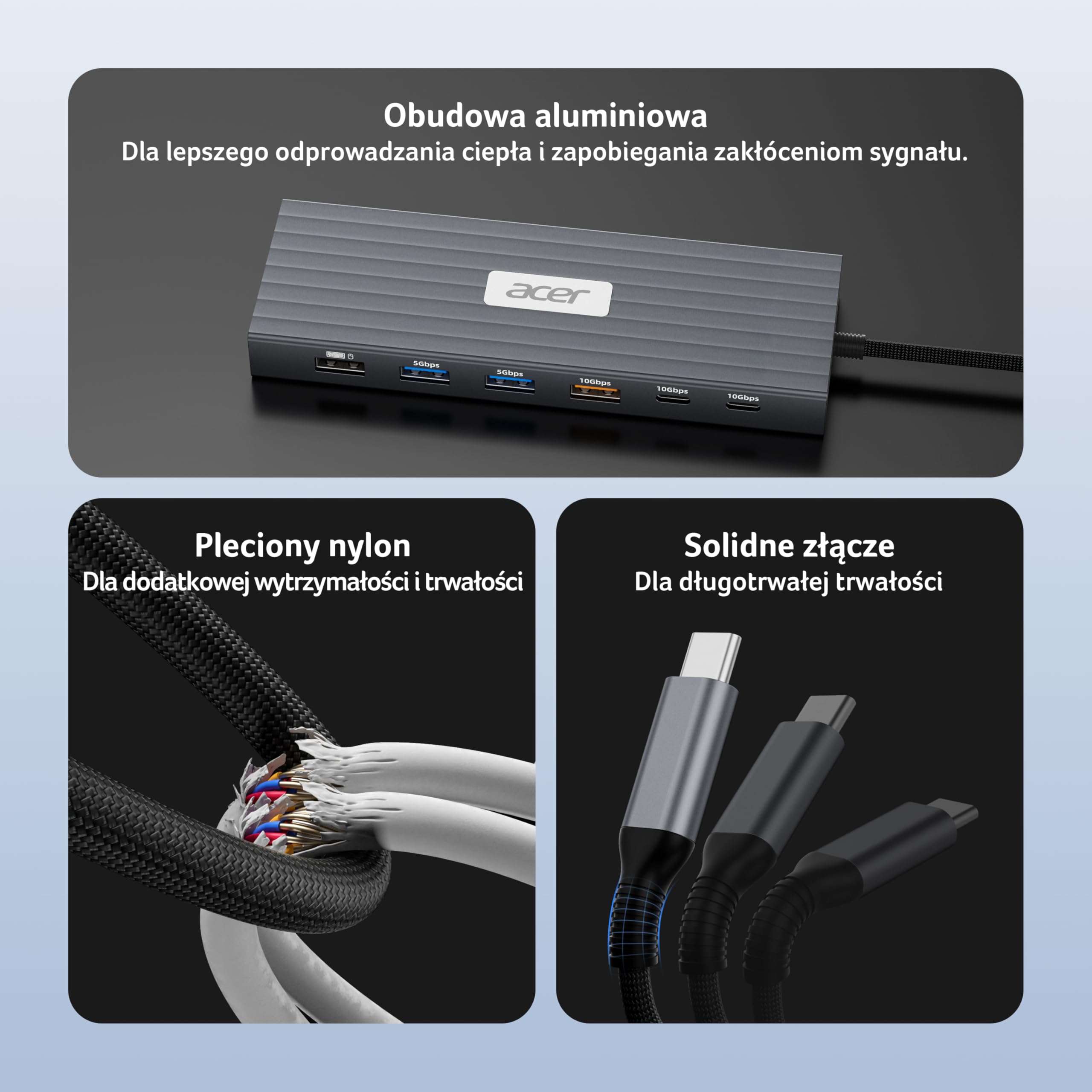 Acer Stacja dokująca USB C 3 HDMI 4K@60Hz, 13w1 Hub z trzema wyświetlaczami z 10Gbps USB-A+2C, 5Gbps USB-A, Ethernet 1Gbps, 100W PD, czytnikiem kart SD/TF, do Surface, MacBook Pro, Dell, Laptop itp.