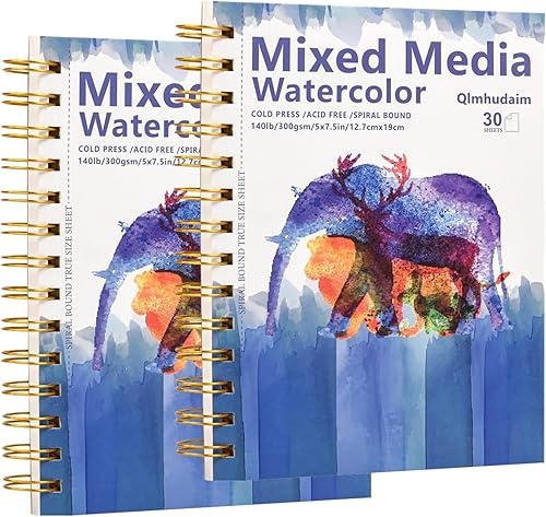 Miniatura 9 de Cuaderno de bocetos de medios mixtos Qlmhudaim 4" x 4" | 30 hojas 140 lb/300 g, encuadernado en espiral con línea de desgarro | De grado para
