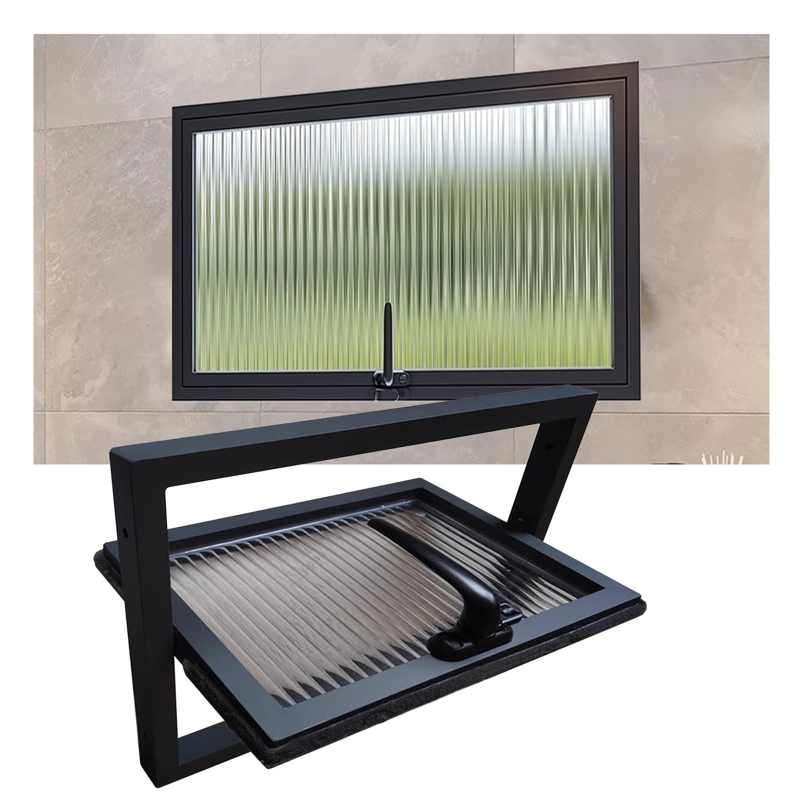Ventana giratoria de 360° para cobertizo con marco de aluminio negro y vidrio opaco