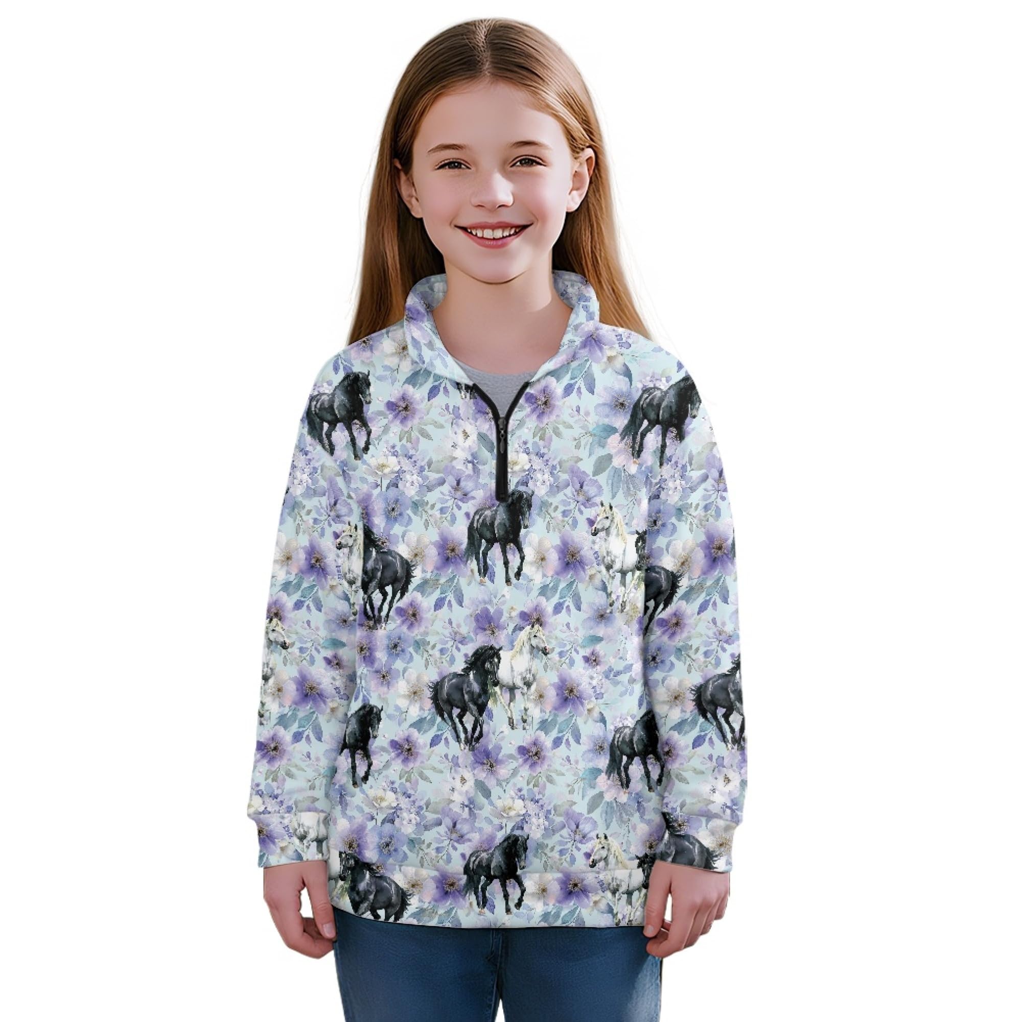 AmzPrint Girls Graphic Quarter Zip Coat Long Sleeve Lightweight Oversized Athletic Running Hoodies For Kids Teen Girls