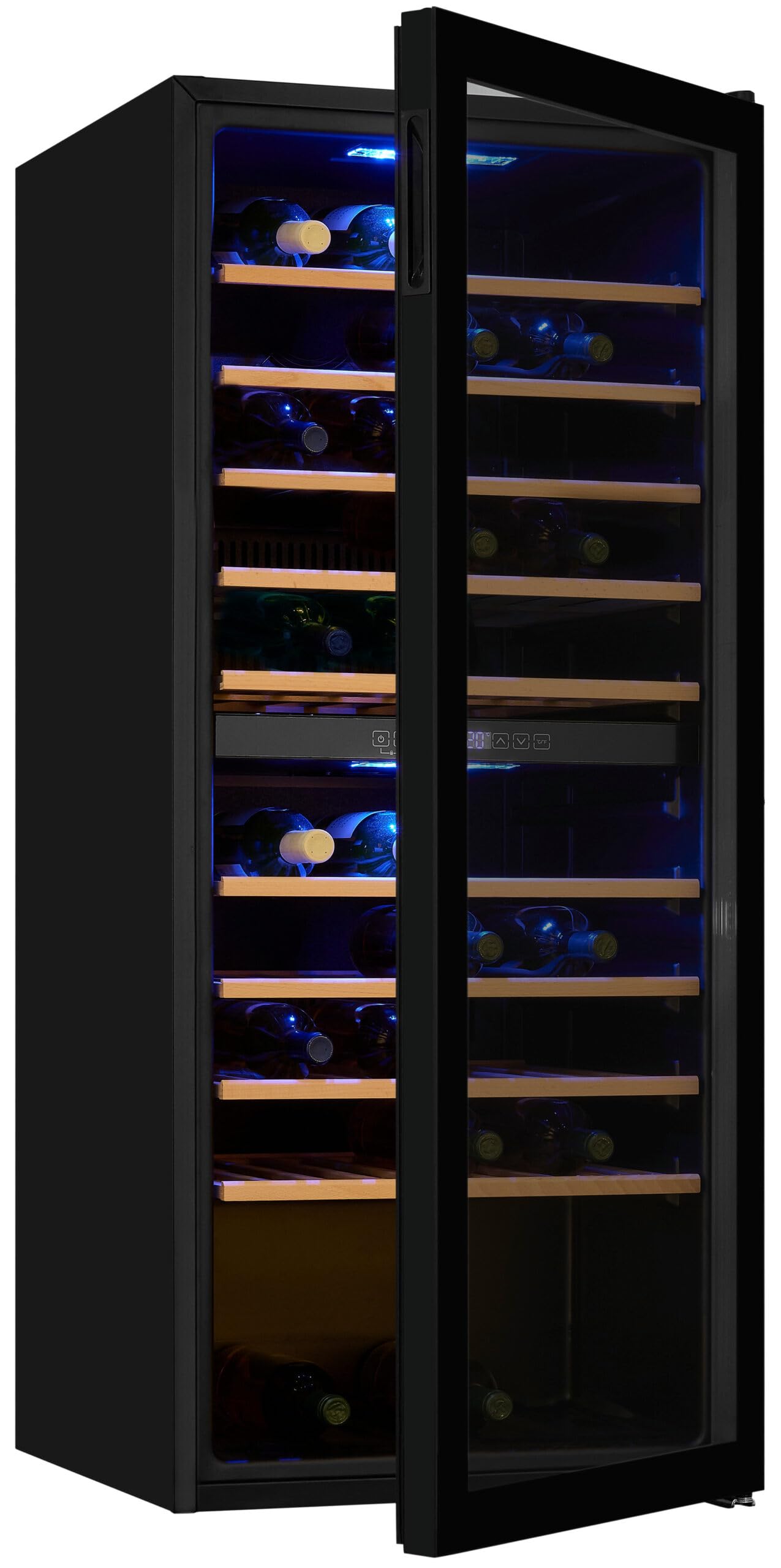 Exquisit® Vinoteca para 114 Botellas, 220L, Negro, Clase G, Dos Zonas de Temperatura 5-20°C, Control Digital LCD, Puerta de Cristal Reversible, Medidas (129,0 x 55,2 x 57,5 cm)