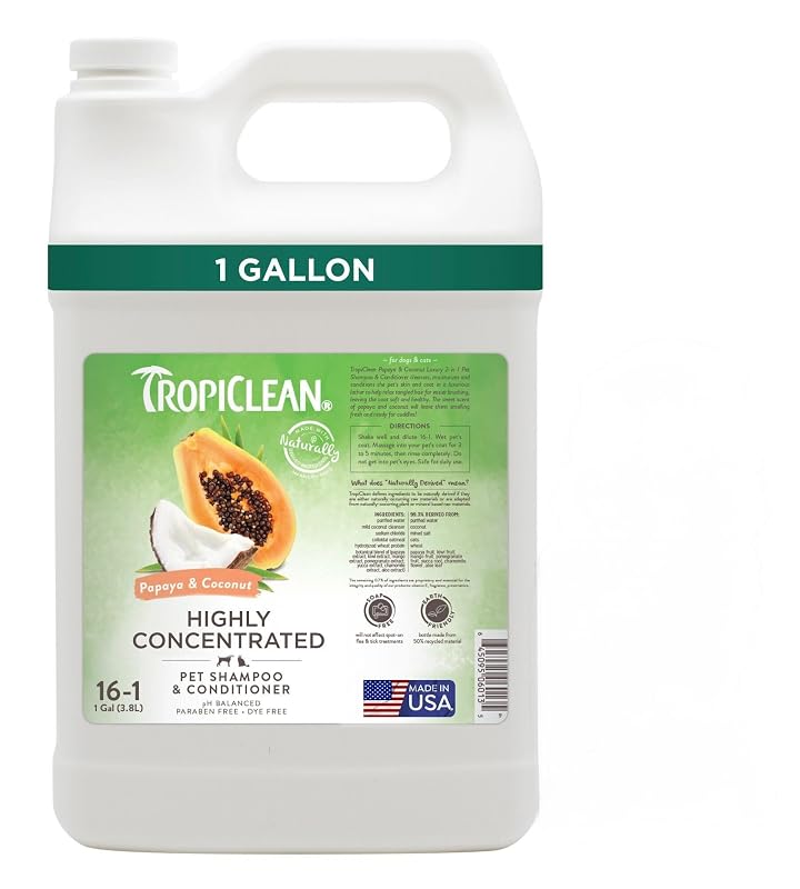 Shampoo e Condicionador 2 em 1 para Cães TropiClean Papaya e Coco, Desembaraçante, 3,79 L