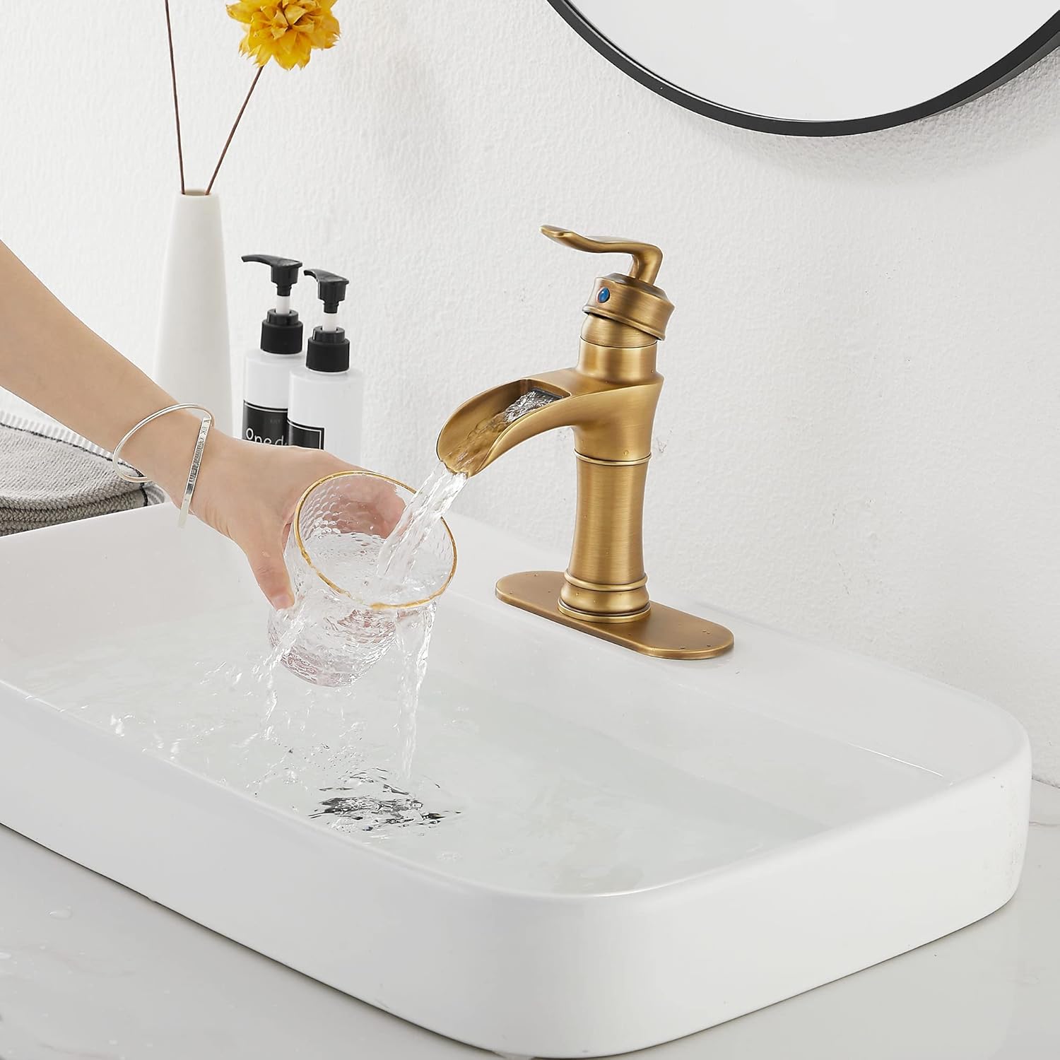 Waterfall Bathroom Faucet Antique Brass GGStudy Single Handle One Hole Farmhouse Bathroom Vanity Faucet Basin Mixter Tap Deck Mount with Drain Assembly