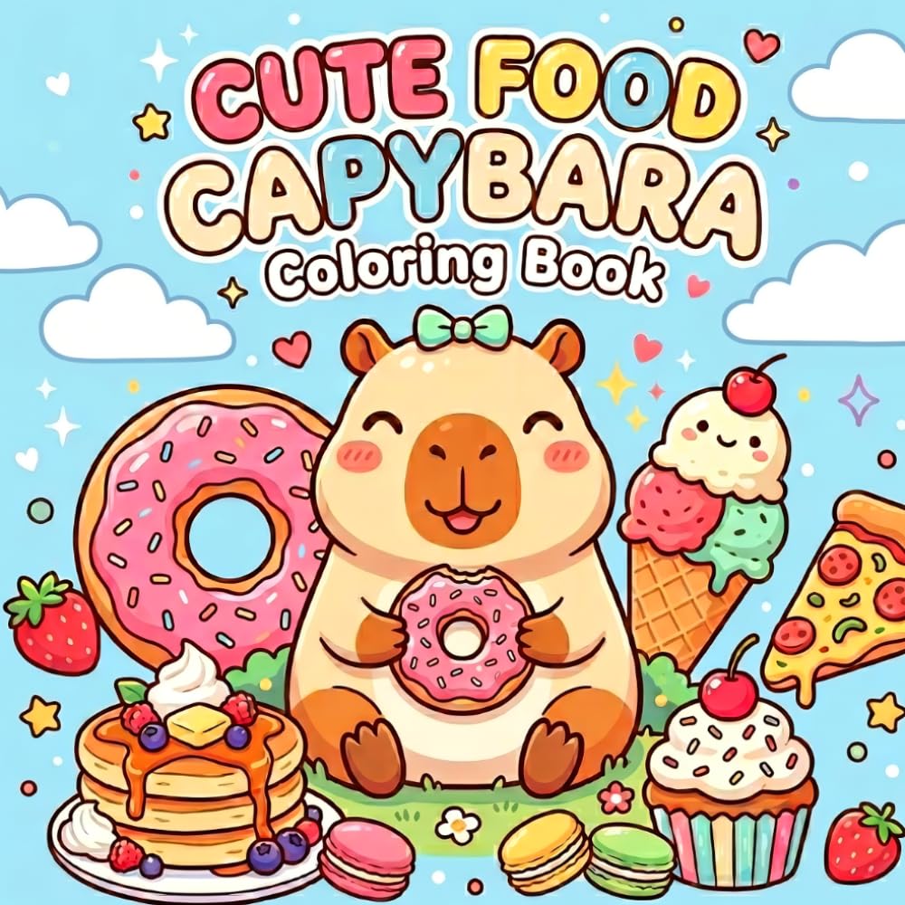 Cute Food Capybara Coloring Book: Bold and Easy Coloring Pages Featuring Cute Capybaras, Sweet Treats, Delicious Snacks, and Fun Food Adventures for Kids