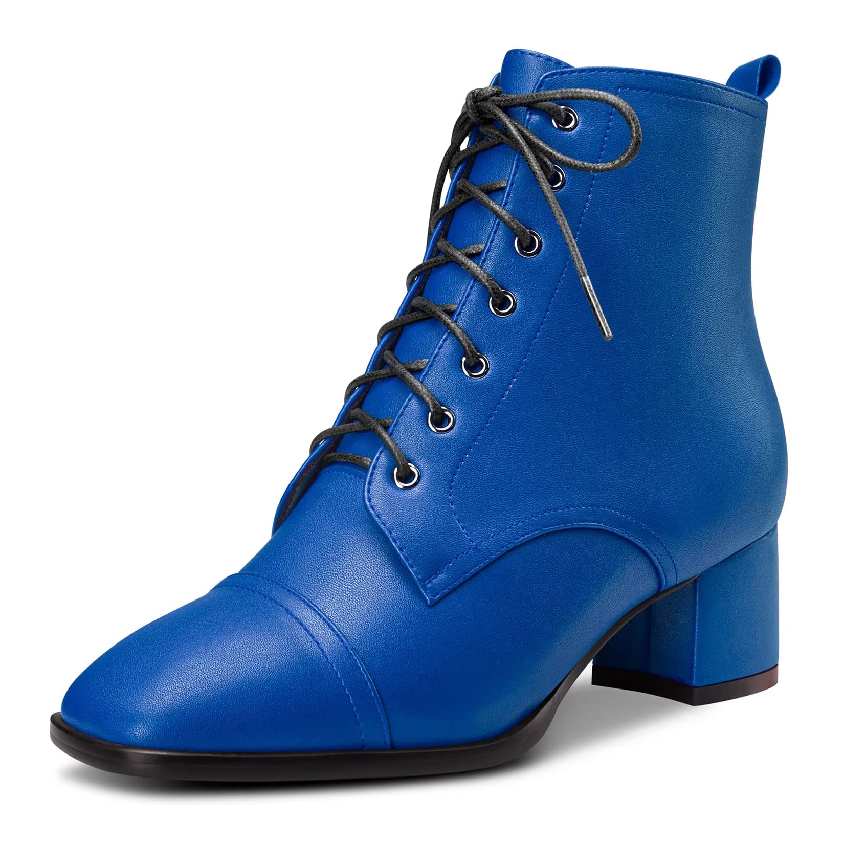 Saekcted Women Chunky Block Low Kitten Heel Square Toe Ankle Boots Short Bootie Lace-up Zipper Boots