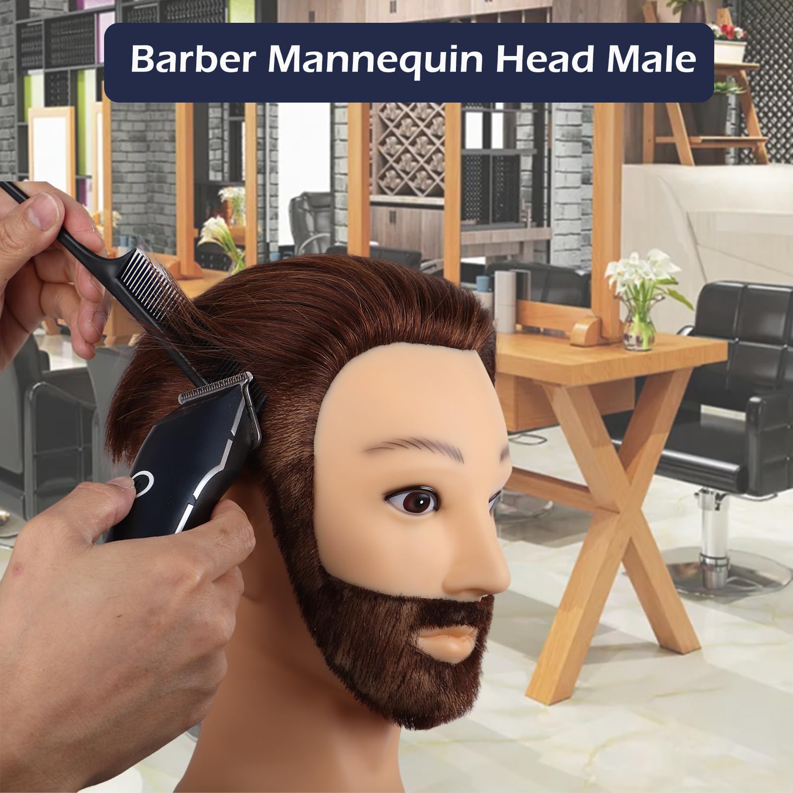 Cabeza Maniqui Peluqueria Hombre Pelo Natural 100% con Barba | Uomo Práctica Cabeza Peluquero de Entrenamiento Maniquí para Estudio Profesional en la Cosmetología con Soporte, Marrón, 35cm