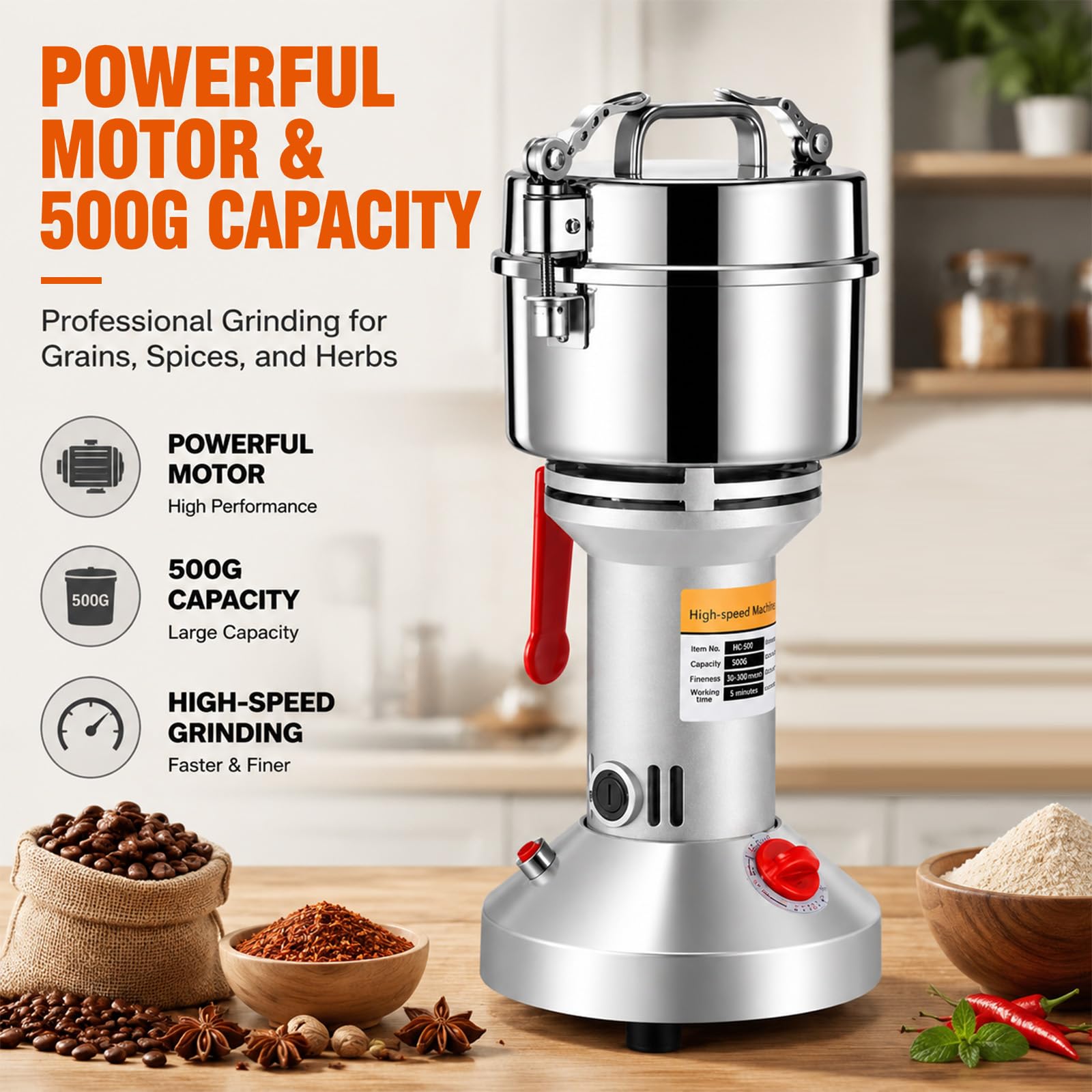 Moulin à céréales électrique 2500 W en acier inoxydable moulin à céréales avec système à triple lame 28000 tr/min Moteur puissant haute vitesse pour céréales sèches épices céréales céréales café maïs