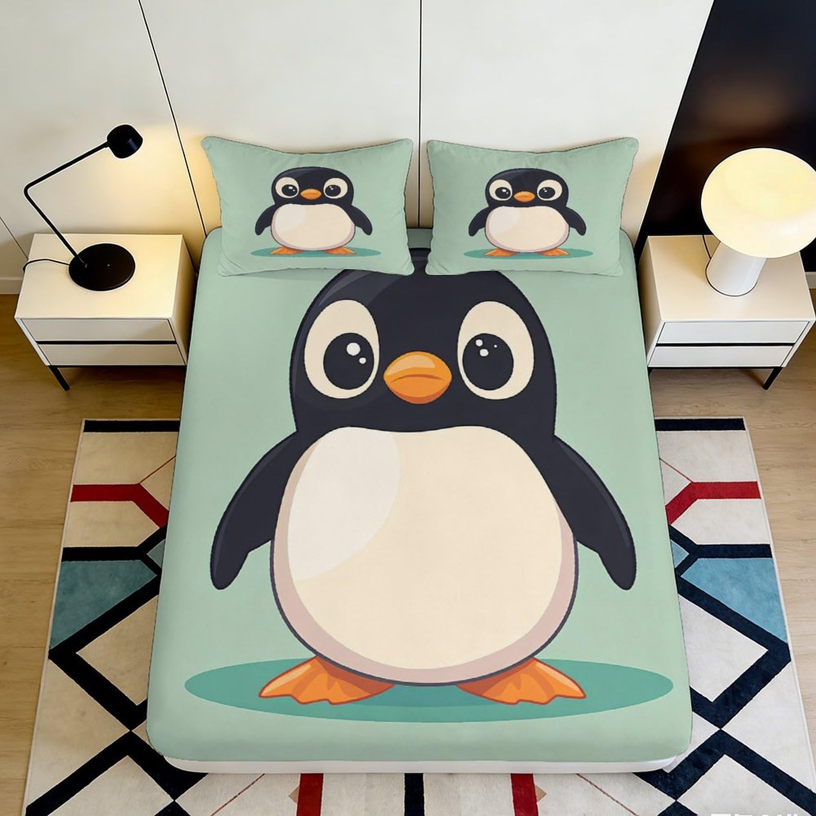 3D Printed Cute Penguin Fitted Sheet Microfiber Soft Breathable Cartoon Animal Bed Cover for Bedroom Guest Room Decor 90x200x25cm