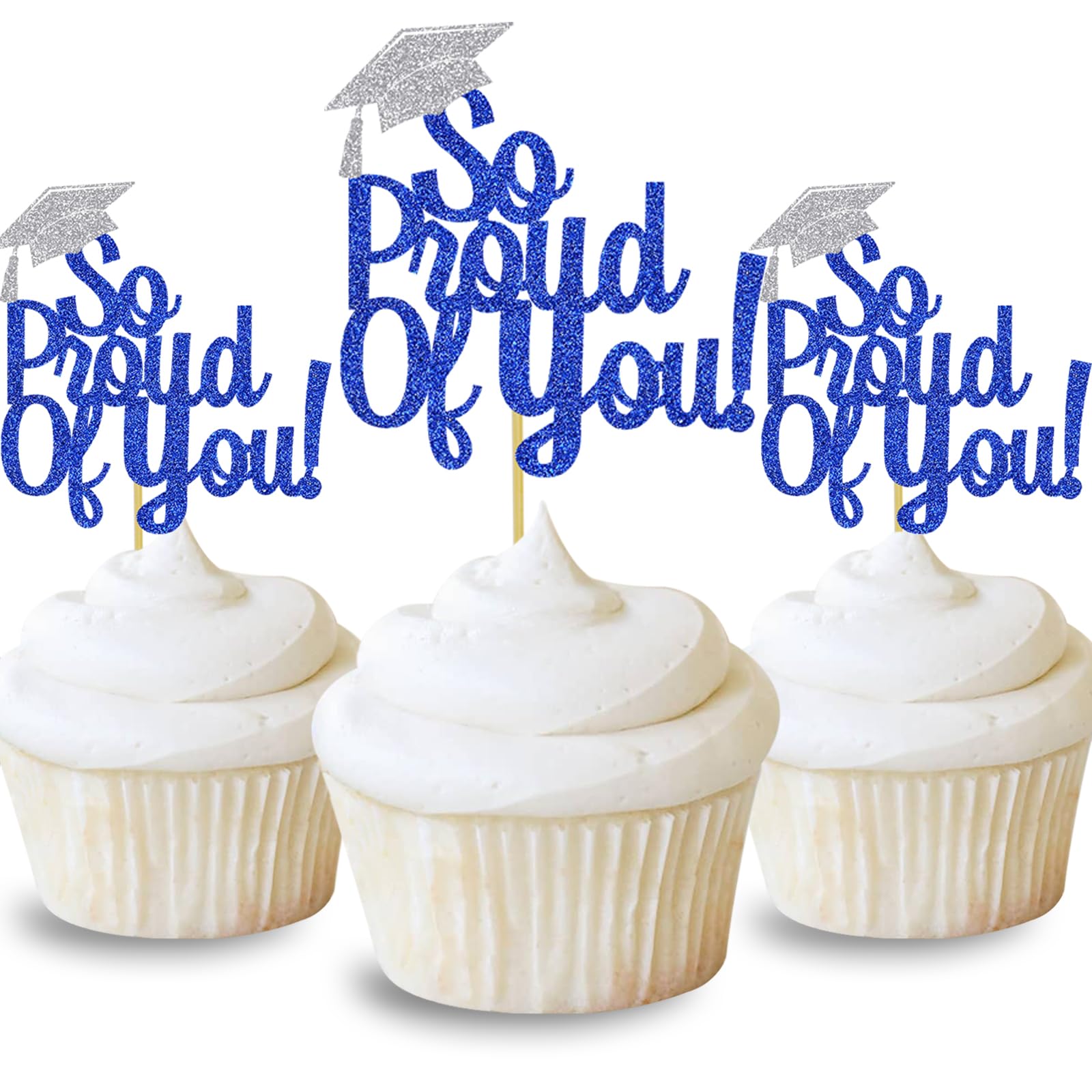DOMOO OF DREAMS So Proud Of You Cupcake Toppers Graduation Decoration Food Picks Congrats Grad Party Supplies Blue Silver