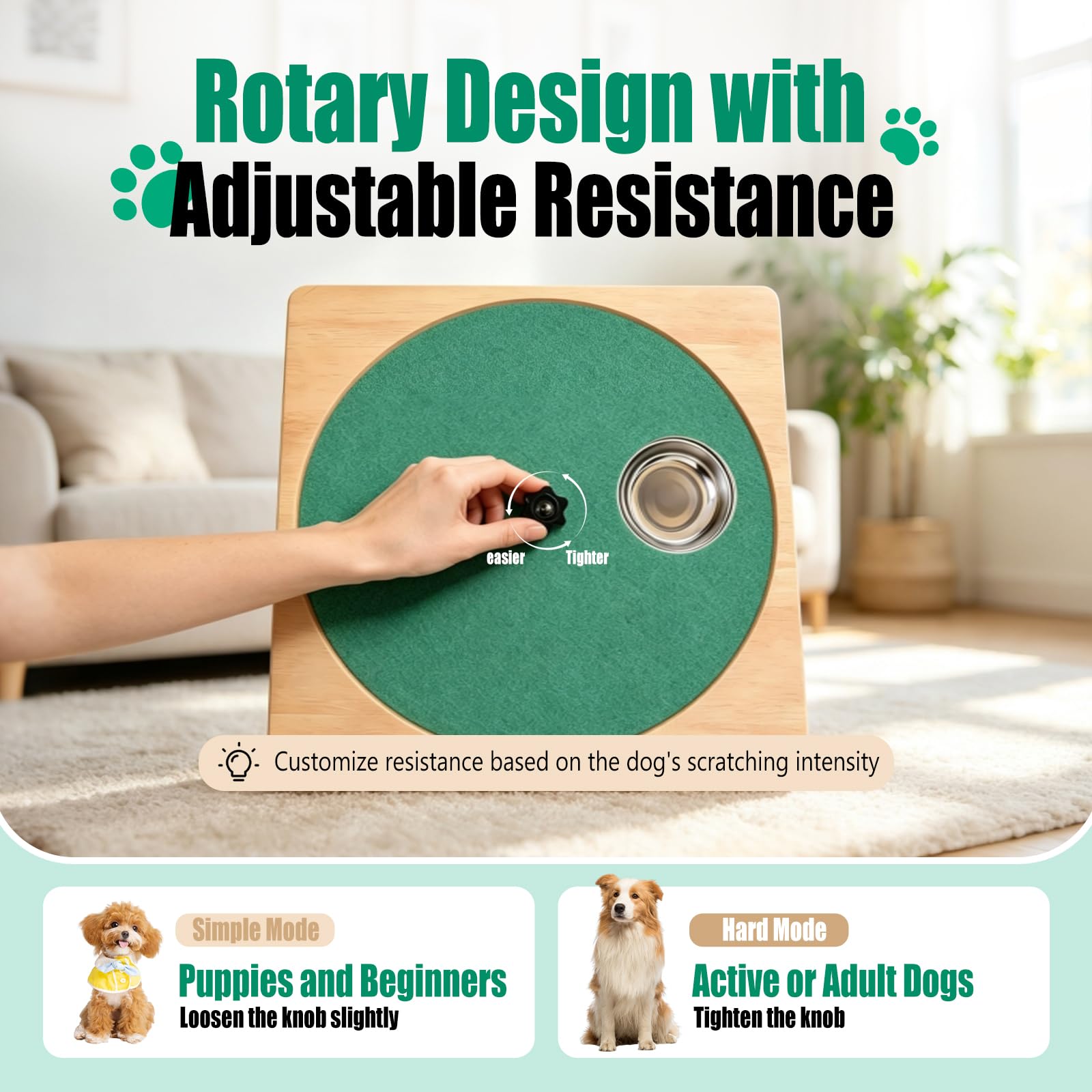 Planche à gratter pour griffes de chien à résistance réglable, avec 6 bols à friandises en acier inoxydable, planche à gratter 3 en 1 en bois pour les ongles, planche à gratter pour pattes pour un