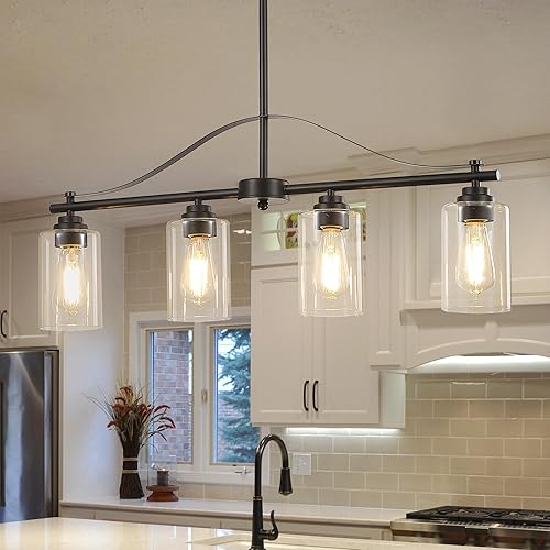 Luz de Isla para Cocina, Candelabro Colgante Lineal de 4 Luces para Isla de Cocina, Accesorio de Luz de Comedor Negro Mate sobre Mesa con Pantallas