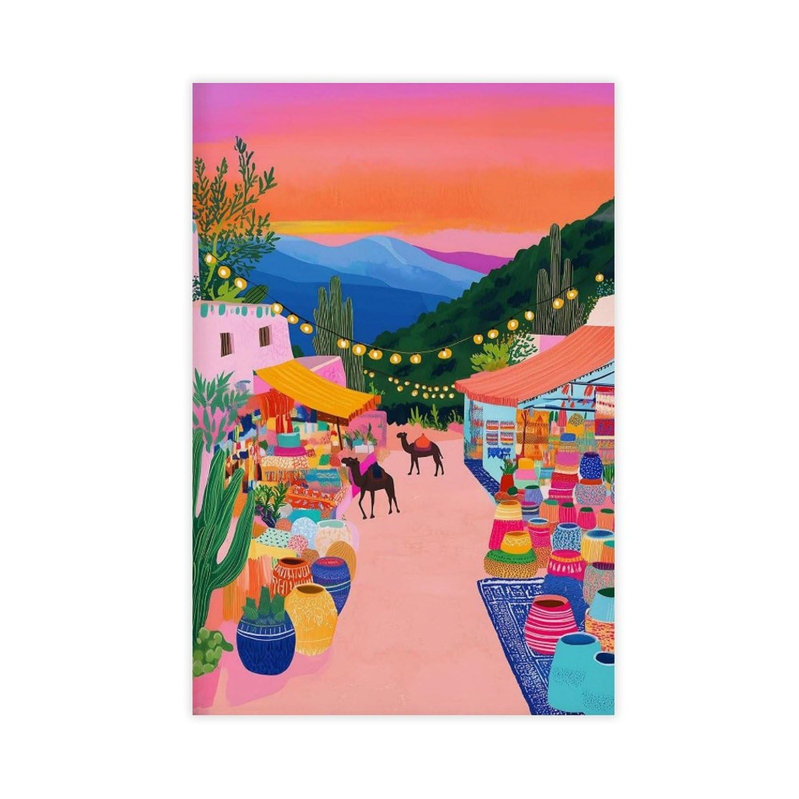 BNCEDJK Moroccan Market Sunset Art Print Vibrant Boho Canvas Poster Bedroom Decor Landscape Decor Gift 20x30inch(50x75cm)