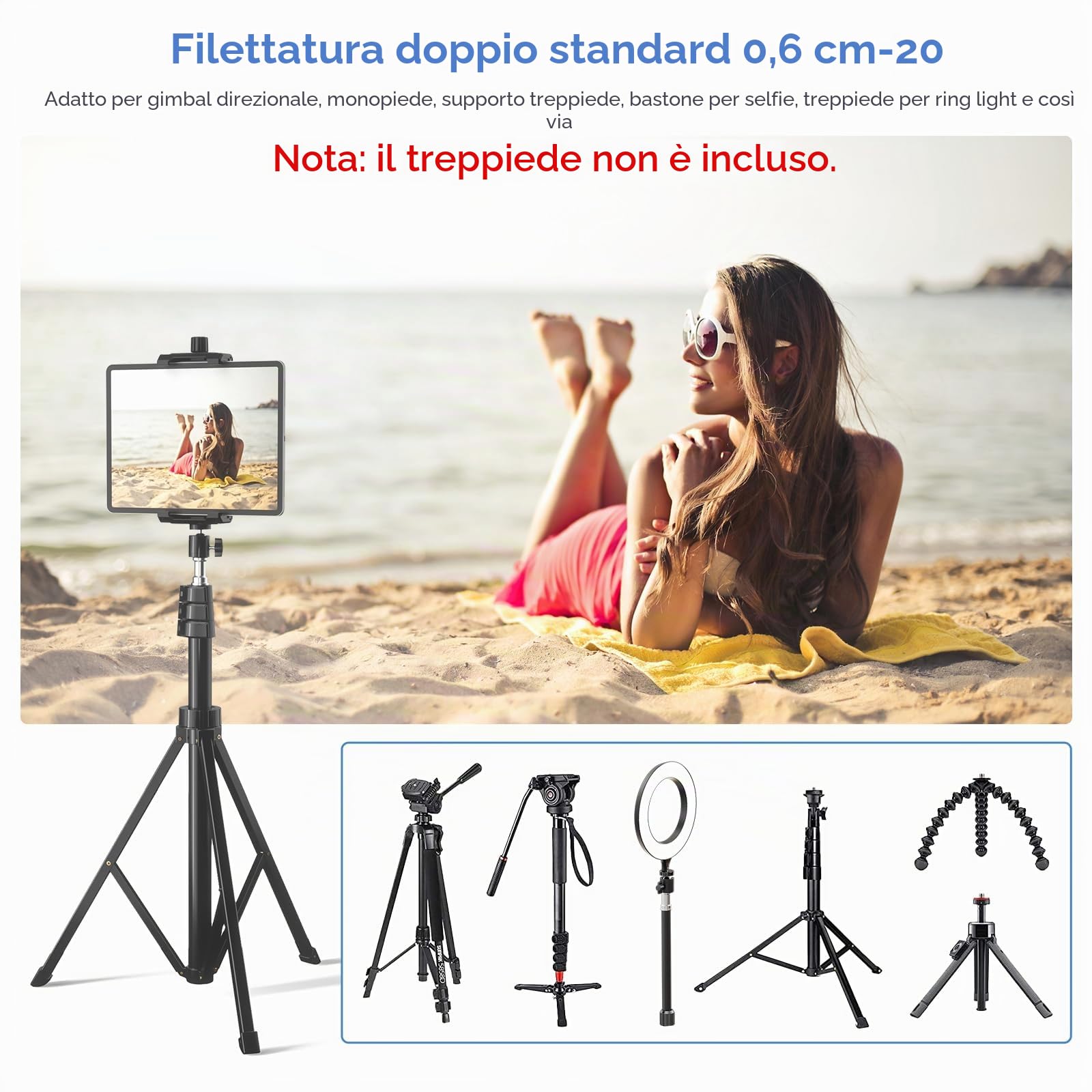 KDD Adattatore per treppiede per iPad e Tablet con testa a sfera ruotabile 360 per iPad Pro 12.9 iPad Mini Galaxy Tab Selfie Stick 5.3-10.6'' Nero