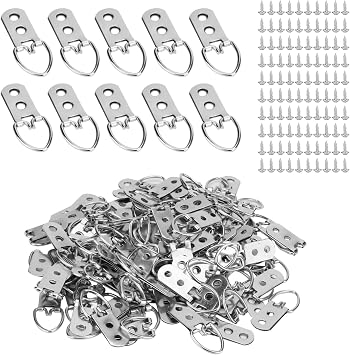 MANCHAP 100 Pack D Ring Picture Frame Hangers, 55 x 22mm Double Holes D Ring Hanging with Screws, Picture Hooks for Painting, Photos, Artwork