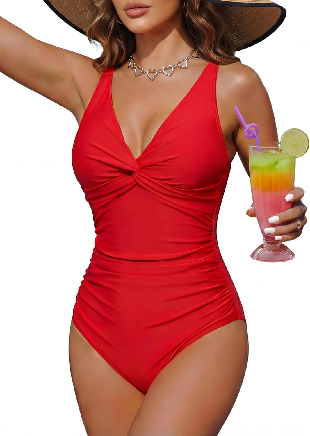 Smismivo Women's Tummy Control Swimsuit One Piece Slimming Ruched Push Up Bathing Suit Vintage Padded Retro V Neck Swimwear