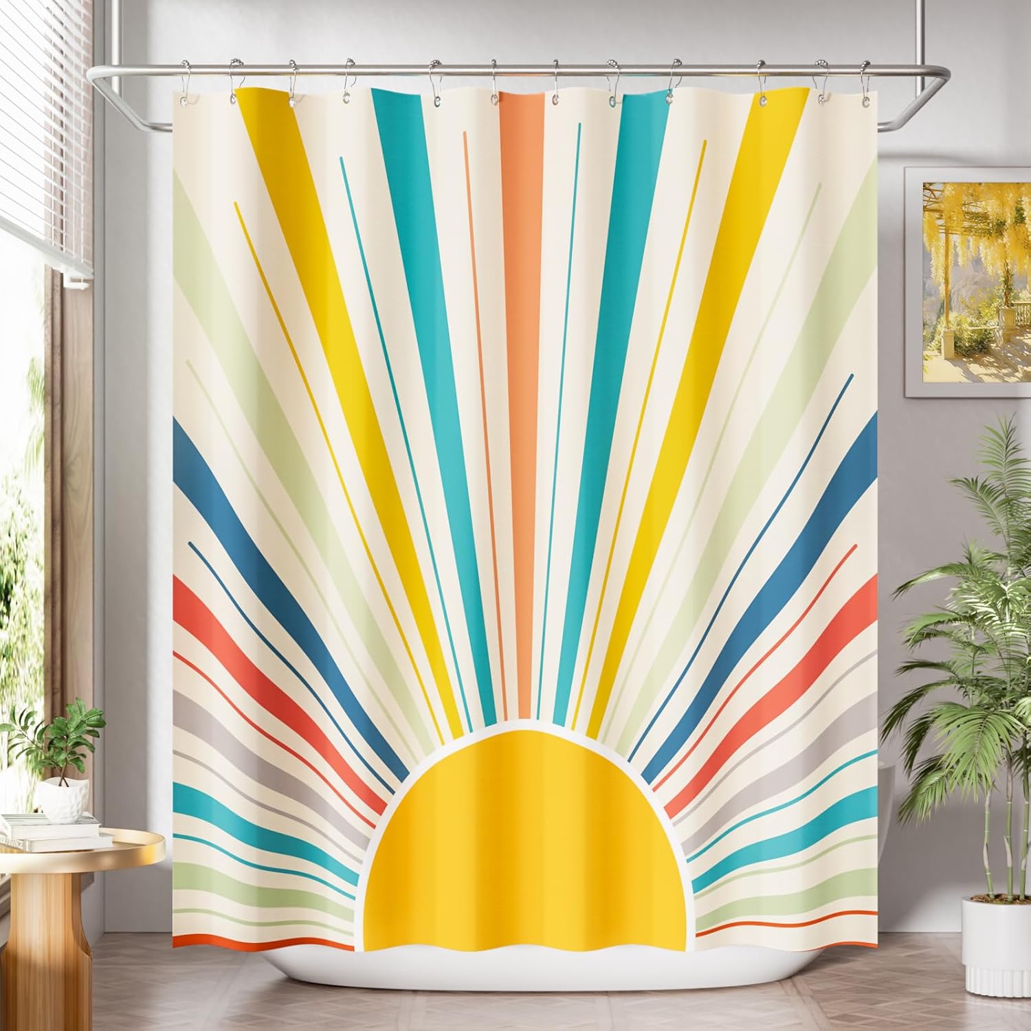 AmazerBath Shower Curtain, Washable Cloth Shower Curtain Sets with 12 Shower Curtain Hooks, Luxury Colorful Sunshine Yellow Waterproof Rustic Fabric Shower Curtains for Bathroom Decor, 72×72 Inches