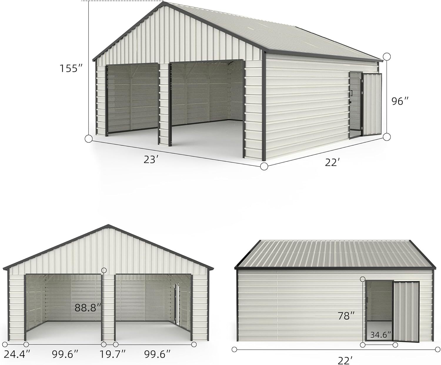 Diagram showing the dimensions of the ANTSKU 23 x 22 FT Double Garage Metal Shed, including height, width, and depth, as well as door measurements.