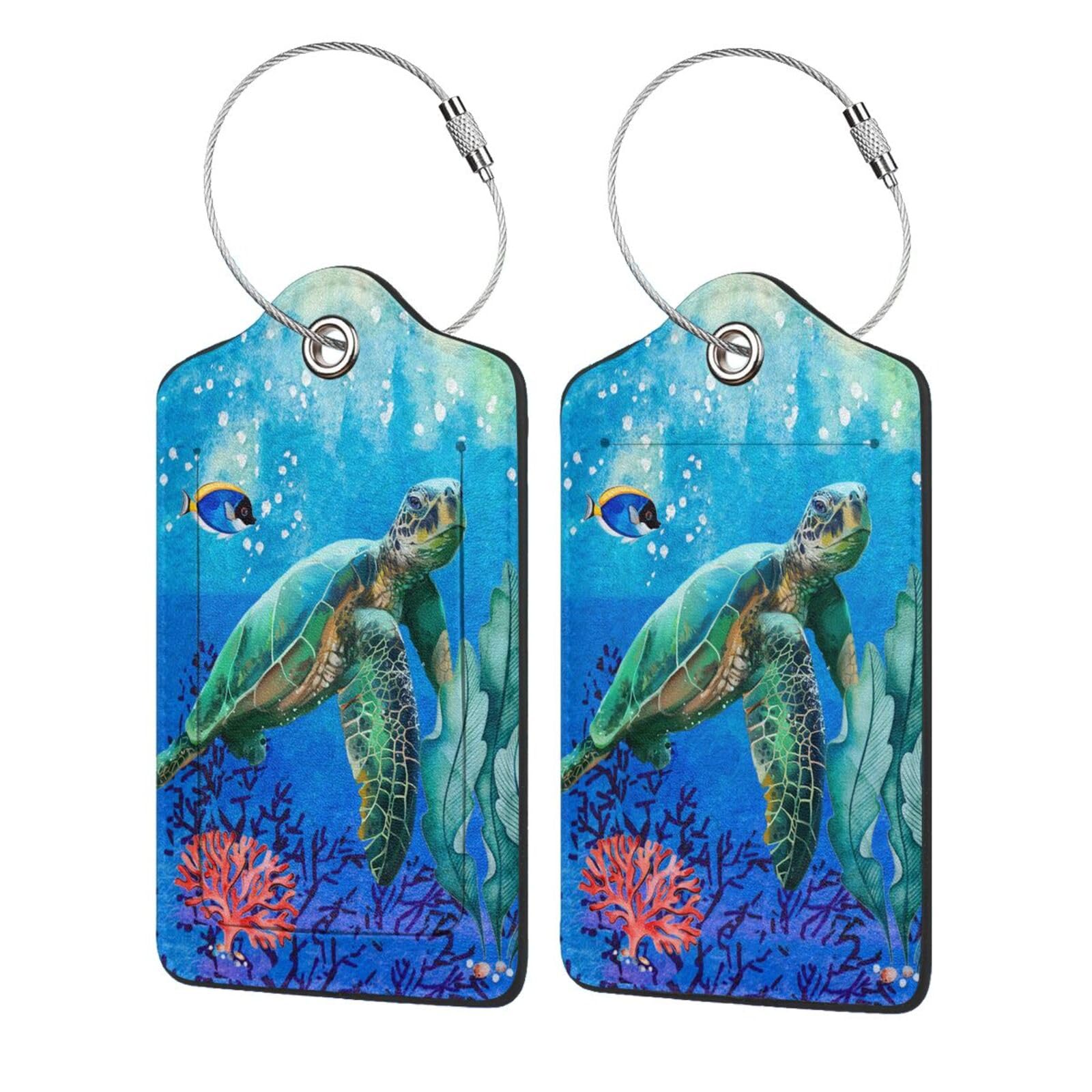 Ocean Turtle Fish On Sea World Paintng 2 Pack Printed Leather Bag Luggage Tags for Travel Stainless Steel Loop Labels with Privacy Cover Name Id Card