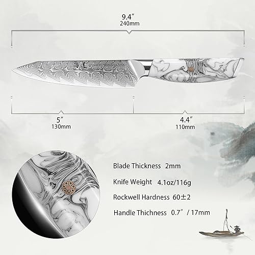 Miniatura 2 de SHANGDAO Cuchillo de cocina de 5 pulgadas, cuchillos afilados para pelar frutas y verduras, acero de Damasco forjado con tinta y mango de resina de