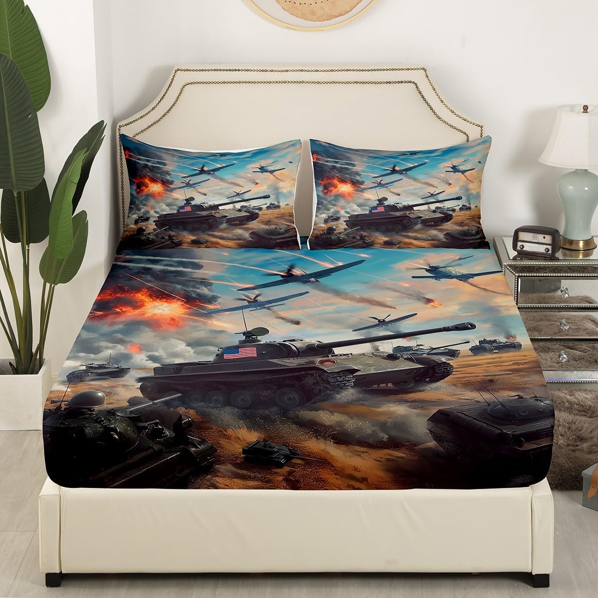 Tank Aircraft Fitted Sheet Twin Size,Modern Military Theme Bedding Set 2Pcs for Kids Boys Teens Men Room Decor,Flying Airplane Bed Sheet Cool Army Green Tank Deep Packet Sheet,1 Pillowcase - Image 3