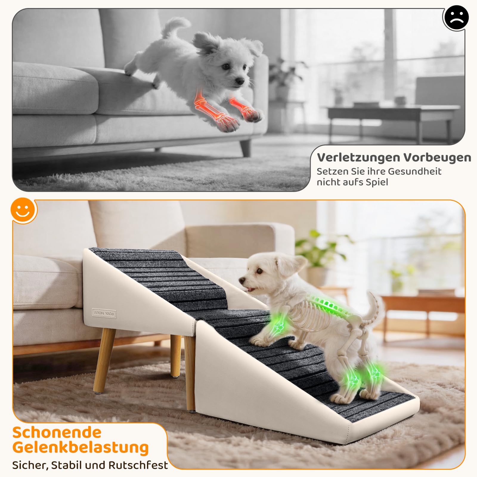 Hundetreppe für kleine mittlere & große Hunde, Katzen, Welpen & Senioren, 43 cm hohe 4-stufige 2-in-1 Massivholz-Treppe mit Split-Ottomane, klappbare rutschfeste Hunderampe für Sofa (Beige)