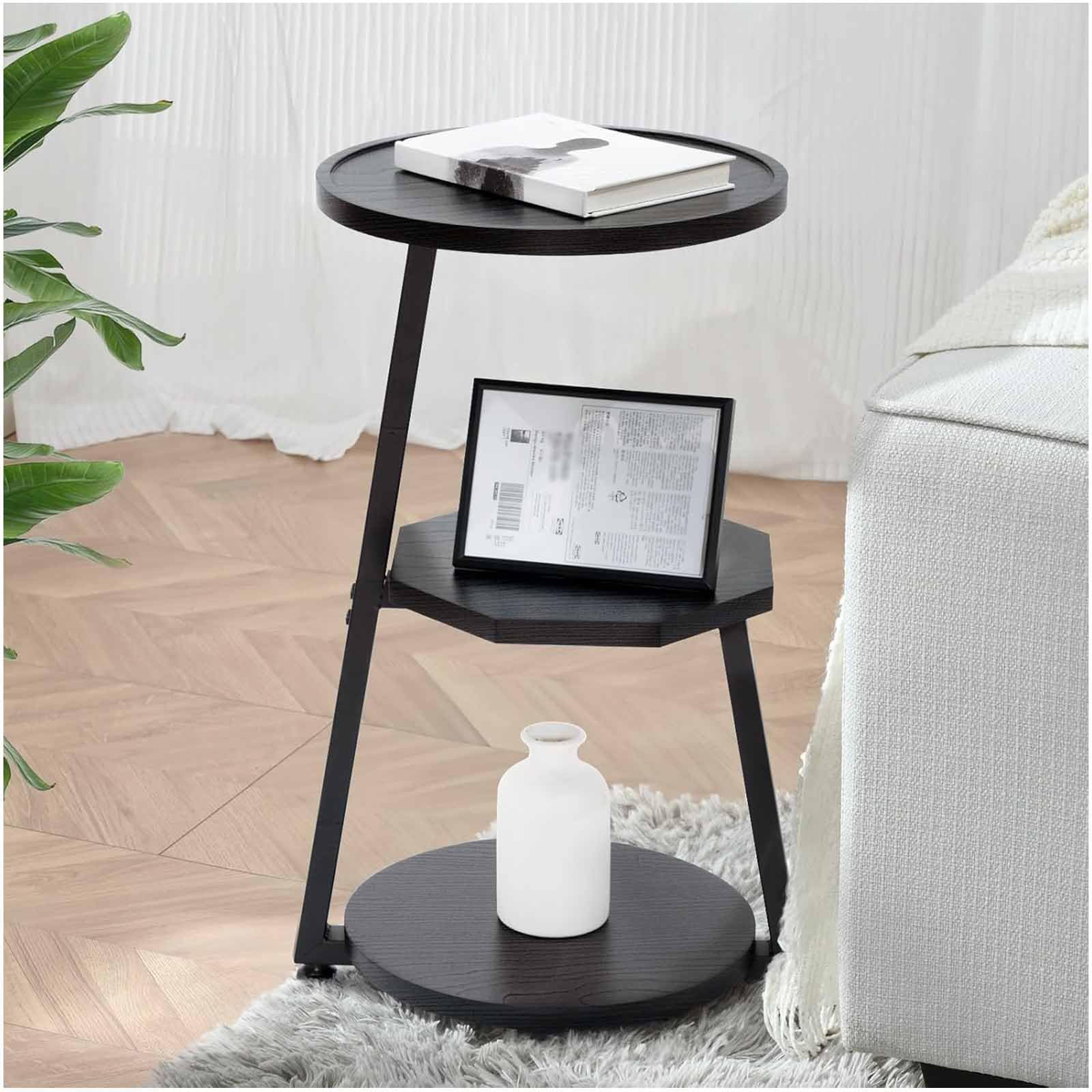 SXZenSpace Small Round Side Table End with Solid Wood Tray Top Metal Frame, 3-Tier Accent Couch Beside Table, Nightstand for Bedroom Living Room,black
