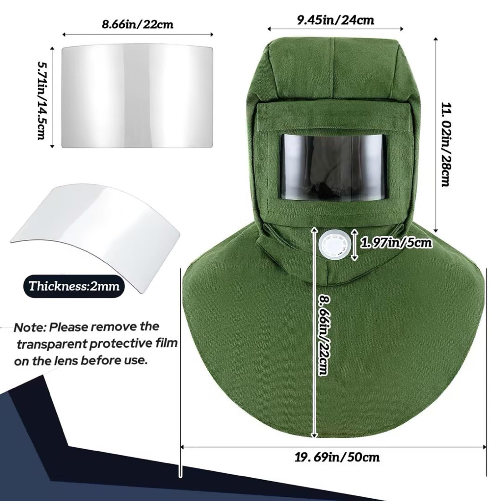 Jecery Paquete de 6 máscaras de capucha para chorro de arena con lente de policarbonato de repuesto para pulir pintura, polvo y molienda (corto, verde)