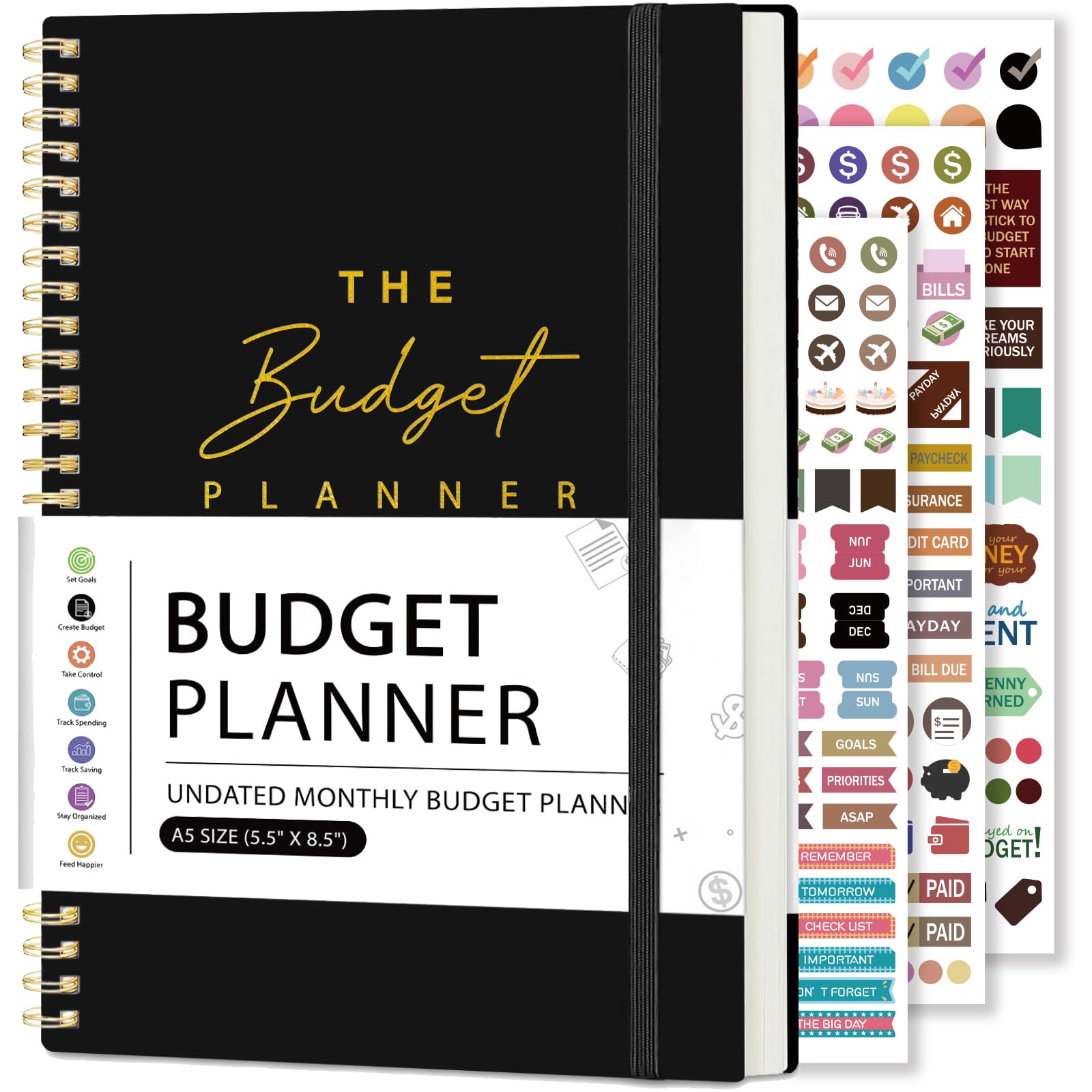 DOURA Monthly Budget Planner, Monthly Budget Book with Cash Envelopes and Expense Tracker Notebook, 5.5" x 8", Undated Budget Planner and Monthly Bill Organizer with Stickers - Black