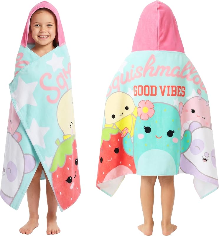 Squishmallows Bath Towels with Hood for Girls, Soft Absorbent Cotton Beach Towels, Swimming Pool Hooded Poncho, Shower Bath Travel Cozy for Girls Ages 6-14 (Multi Squishmallows)