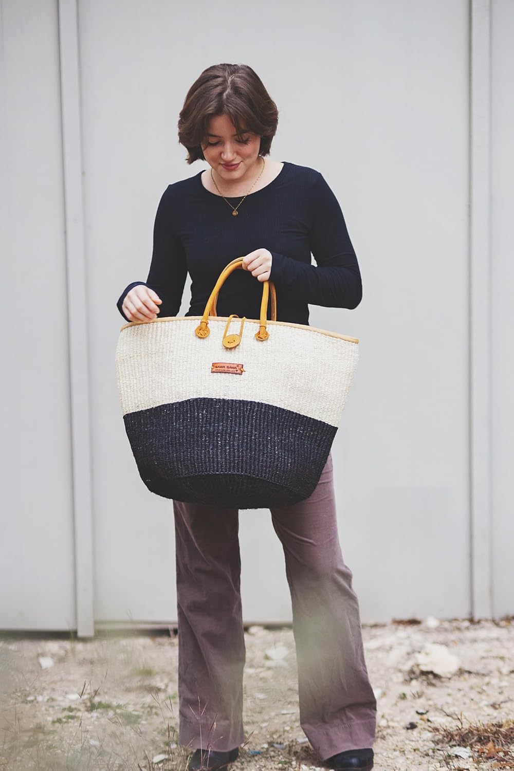 Balance Half Handwoven Economical Sisal Basket Tote Bag, Market Grocery Shopping Bags with Leather Strap Handles and Button Closure, Summer Beach Basket Handbag, Large Straw Shoulder Purse for Women - Image 3