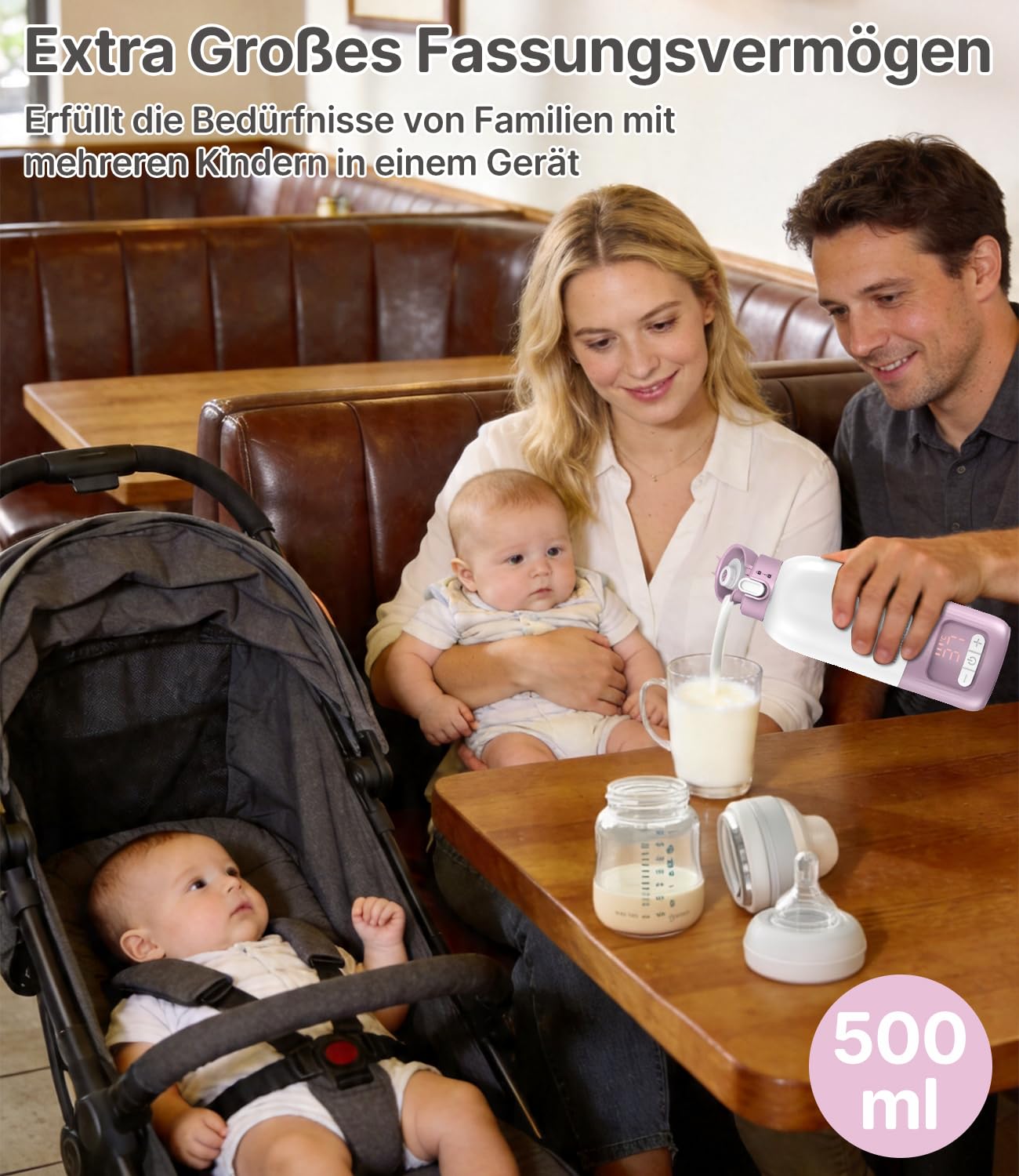 Tragbarer Baby Flaschenwärmer für Unterwegs, Pasteurisier-Funktion + 500ml Kapazität + 16000mAh-Akku | 2 Heizmodi für Muttermilch & Wasser | Schnellaufheizen & Kochfähig