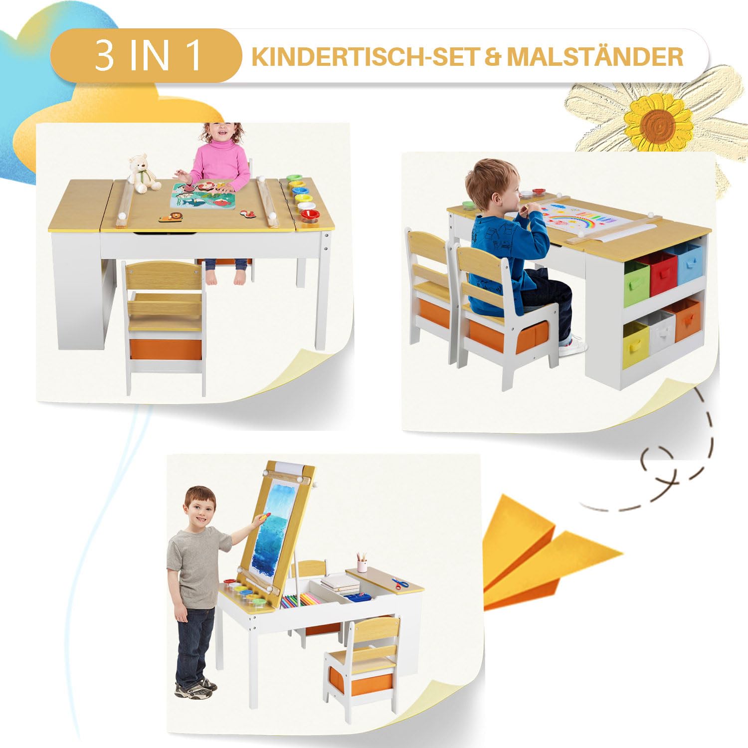 GRAVFORCE Kindertisch mit 2 Stühlen Maltisch & Basteltisch Kinder mit anhebbarer Tischplatte Spieltisch Kinderzimmer mit Stauraum Farbbechern 8 Stoffbehältern für Kinder ab 3 Jahren (Natural)