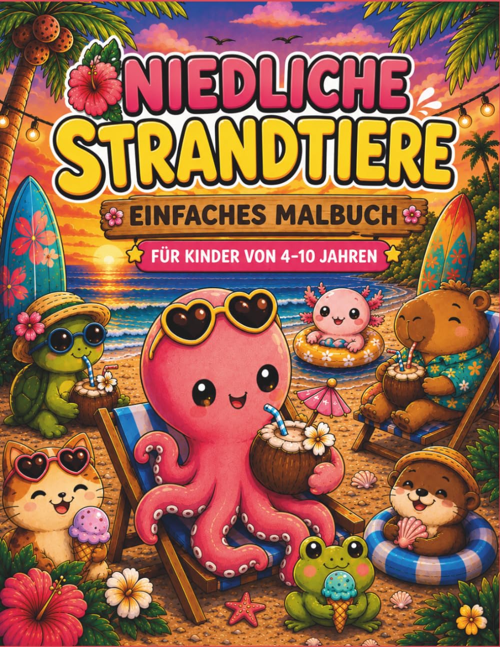 Niedliche Strandtiere: Einfaches Malbuch für Kinder von 4–10 Jahren
