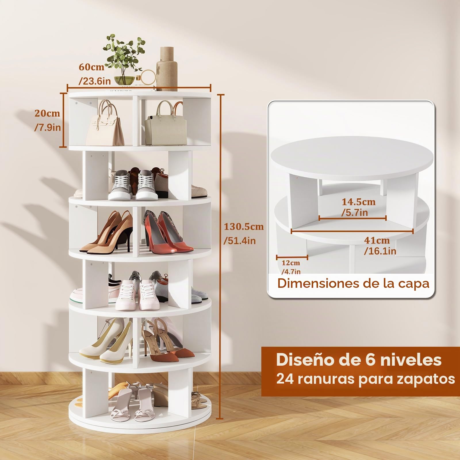 IBUYKE Zapatero Giratorio de 6 Niveles, Estante de Zapatos Giratorio 360°para 24 Pares de Zapatos, Organizador Vertical Redondo para Zapatos y Bolsos para Armario Pasillo Sala de Estar, Blanco WSR006W