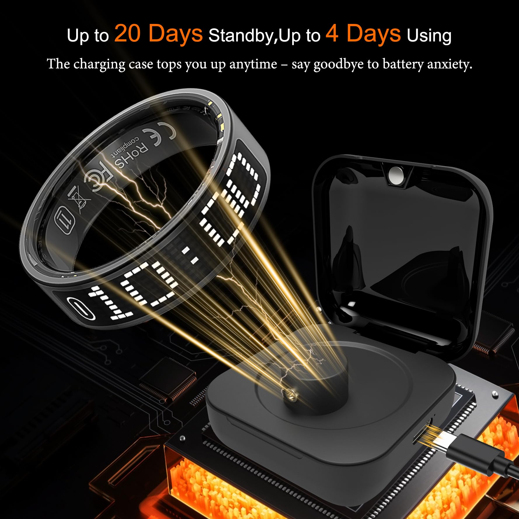 Bague connectée pour Hommes et Femmes (Android et iOS) – Taille 9 | Écran tactile LED, étanche IP68, suivi cardio/oxygène/sommeil, déclencheur photo, modes sport, titane 3,2g