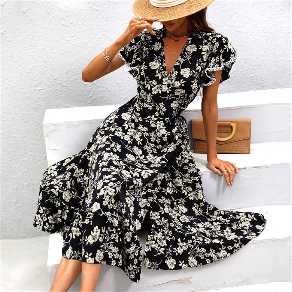 Vsadsau Vestido largo de gasa con estampado floral de verano para mujer, cuello en V profundo, manga corta, vestido midi