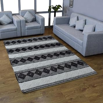 Rugsotic Carpets Hand Woven Flat Weave Kilim Wool & Cotton ECO-Friendly Area Rugs - 5x76, Rectangle Shape, Black White Color, Contemporary Modern Design, Low Pile Handmade Area Rugs DWC002