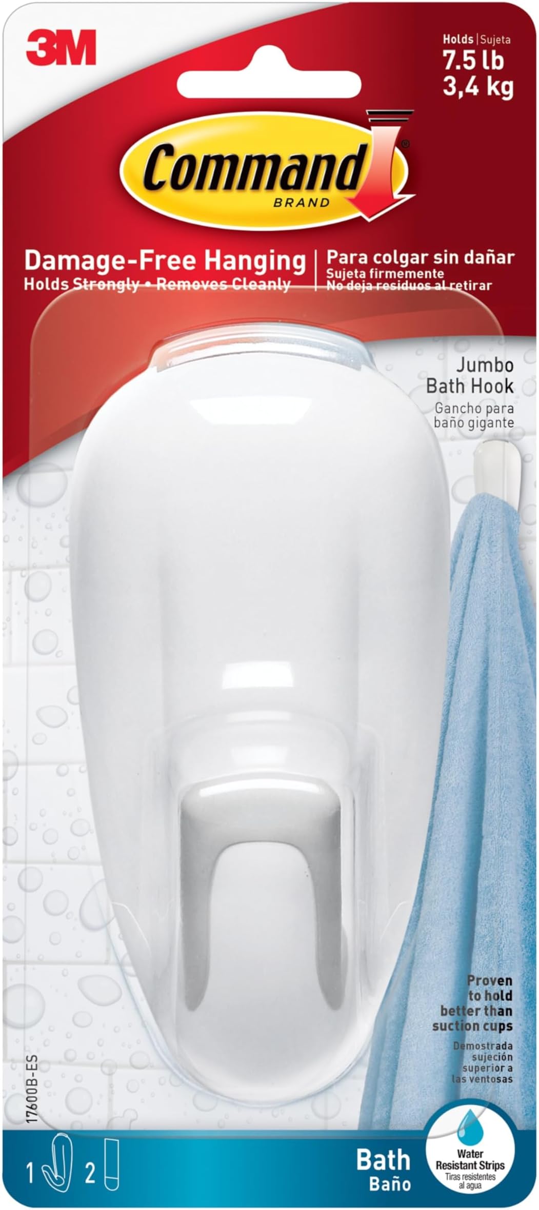 Bathroom Hook with Water-Resistant Strips, 1-Hook, 2-Strips, Organize Damage-Free