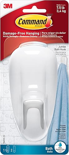 Command Bathroom Hook with Water-Resistant Strips, 1-Hook, 2-Strips, Organize Damage-Free Blanco