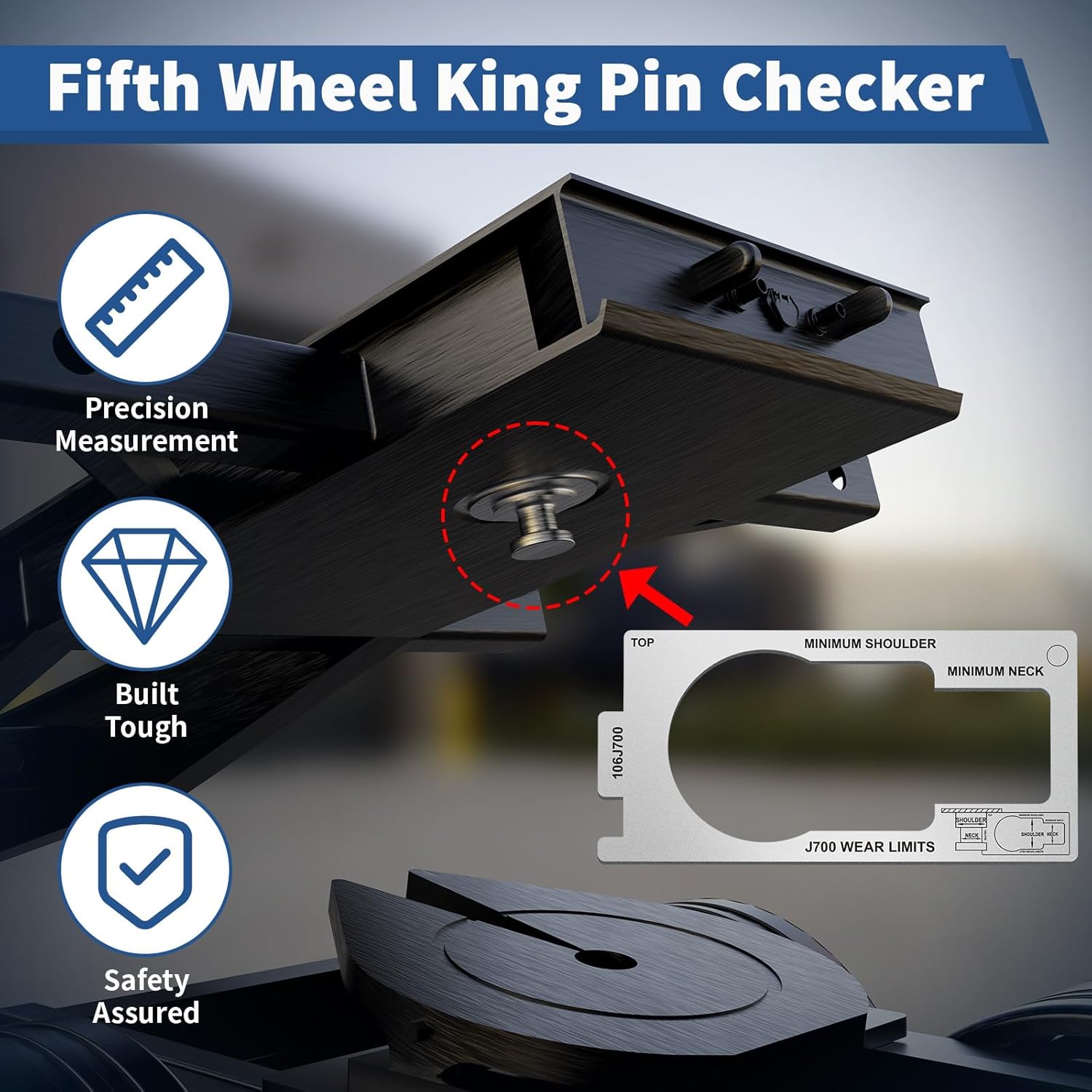 King Pin Gauge Tool, Fifth Wheel King Pin Checker Complies with SAE J700 Standard for Wear, Height & Squareness Measurement, Prevent Trailer Accidents,Silver