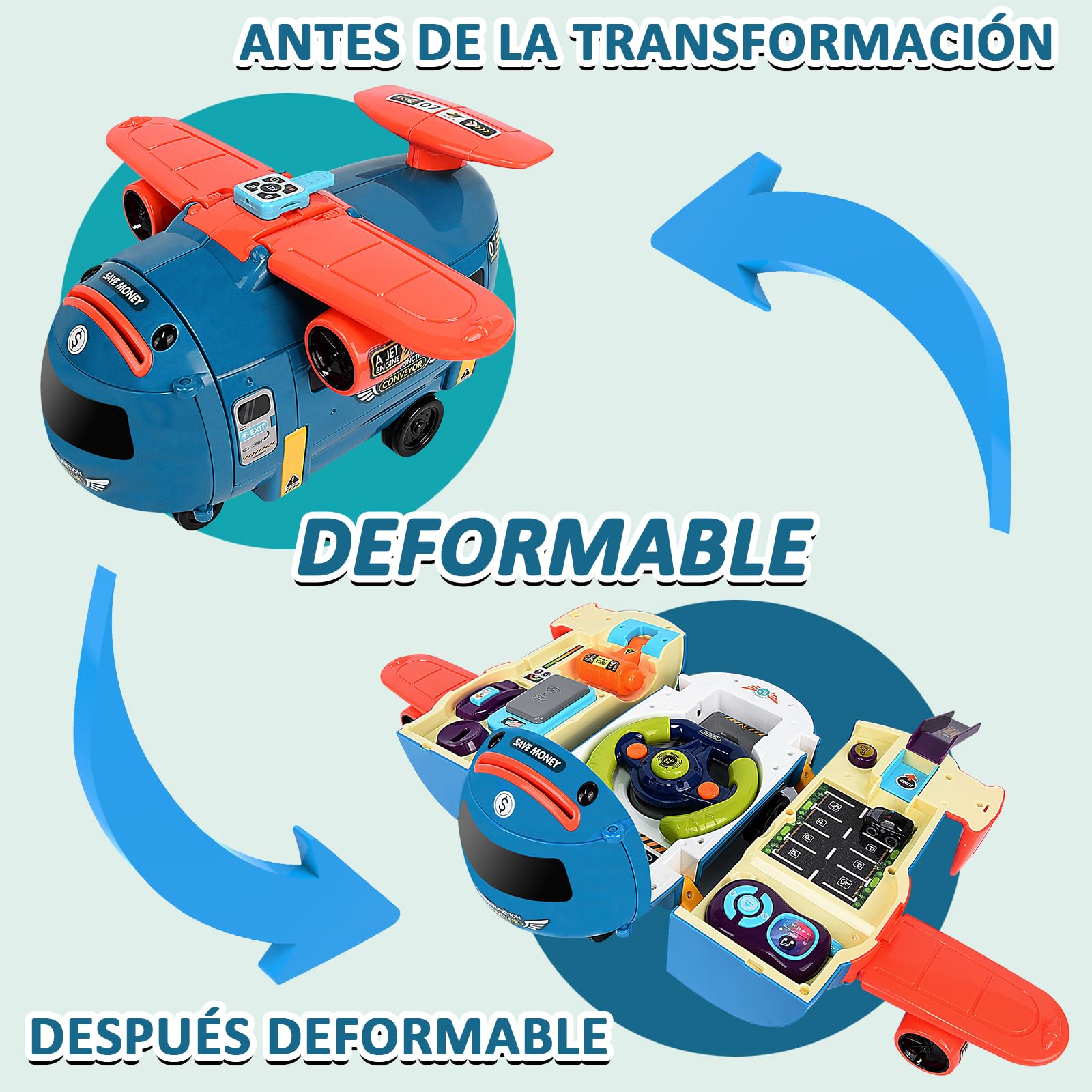 JONRRYIN Avion Juguete para Niños, 3 en 1 Volante Juguete con Luces LED y Sonidos, Hucha, Avión Coche Juguete Regalo para Niños 3 4 5 Años (Azul)