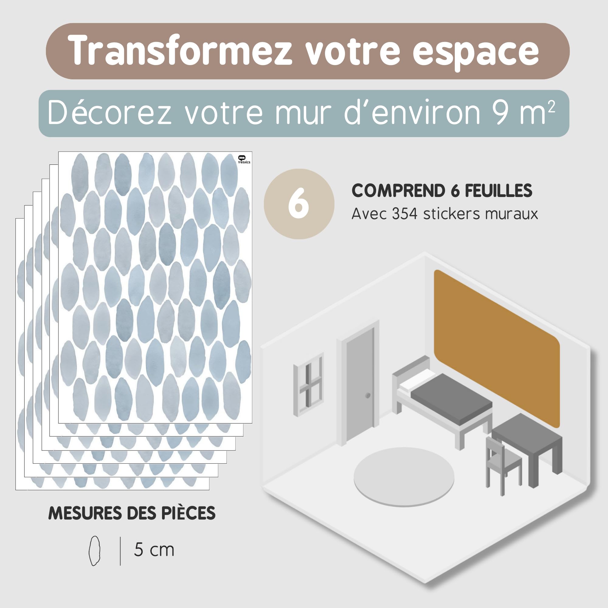 TRESXICS Stickers Muraux Enfants Gouttes d'Aquarelle, 354 pièces, Décoration Chambre Bébé Original et Résistant, Effet Papier Peint Adhesif Mural, Application Facile et Amovible (Bleu)
